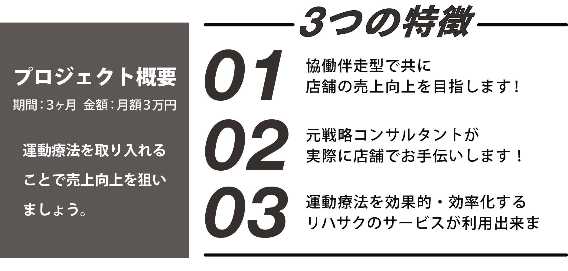 プロジェクト概要は、期間は3ヶ月。金額は月額3万円。プロジェクトの特徴は3つあり、1つは協働伴走型で共に店舗の売上向上を目指します。2つ目は、元戦略コンサルタントが実際に店舗でお手伝いをします。3つ目は、運動療法を効果的・効率化するリハサクのサービスが利用できます。